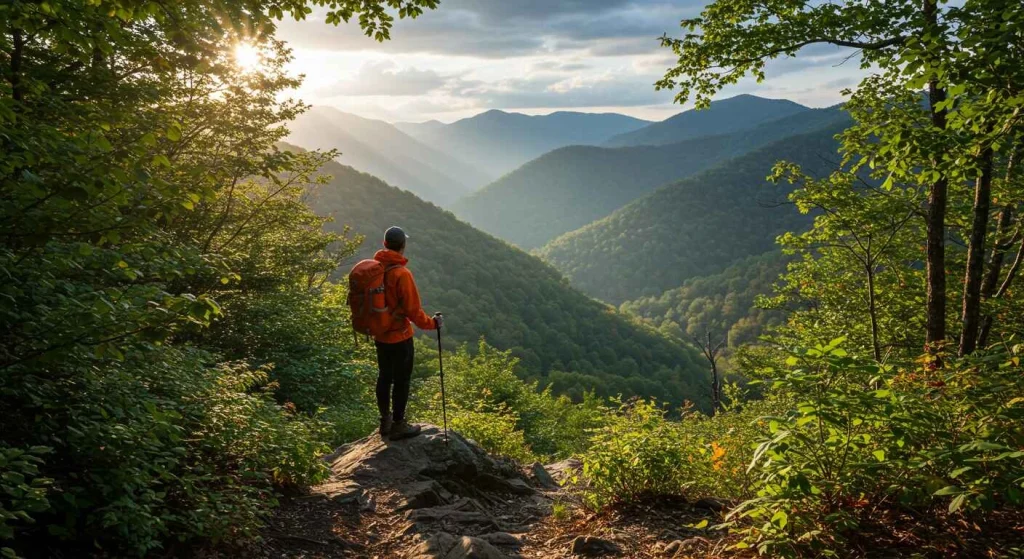 Exploring the Appalachian Mountains in North Georgia during fall, with vibrant foliage, mountain views, and winding trails