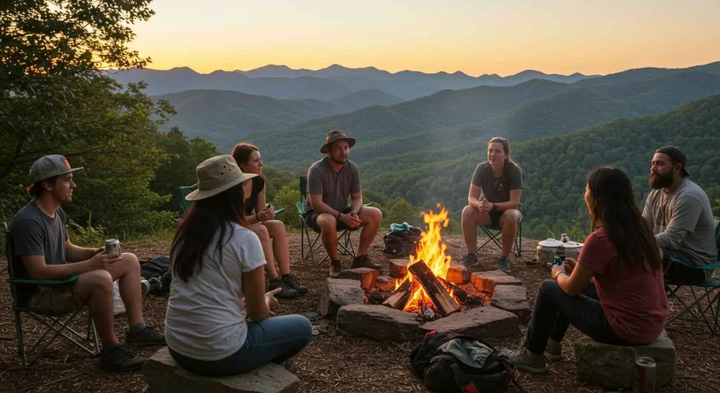 Scenic view of fall foliage in North Georgia with vibrant trees, mountains, and a winding trail—perfect for autumn adventures