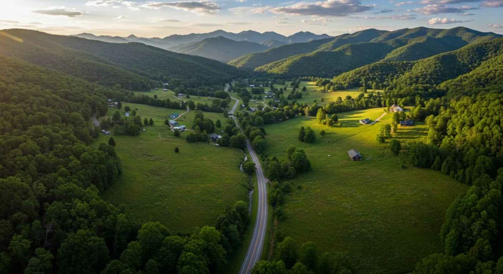 Hidden gem in North Georgia featuring a secluded mountain trail surrounded by colorful fall foliage and peaceful nature